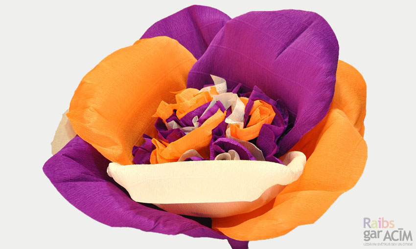Lielie papīra ziedi - Trīskrāsu papīra zieds (oranžs,tumši violets, bēšīgs)